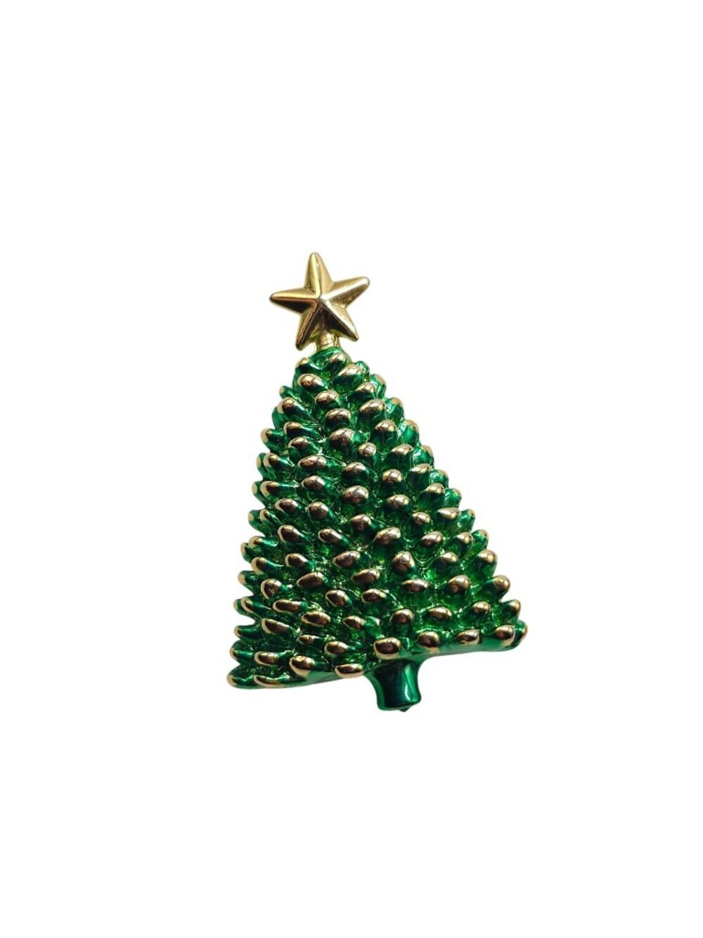 Vintage Green Gold Tone Christmas Tree Brooch Pin Star Topper Festive Holiday